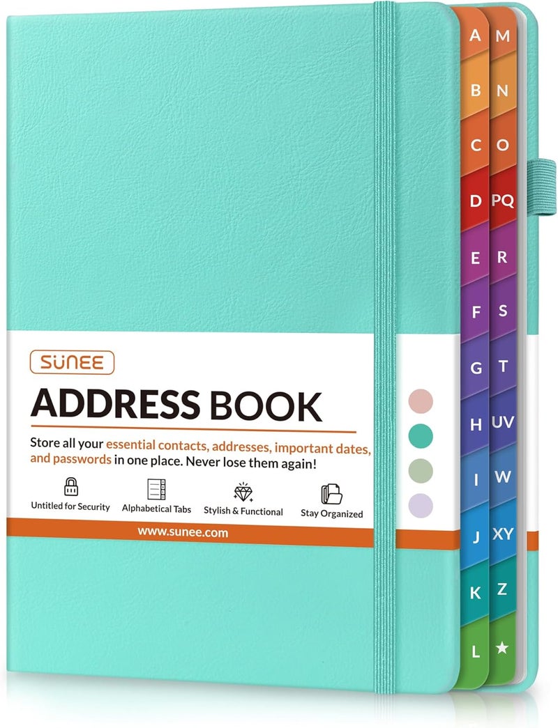 SUNEE Address Book with Colorful Alphabetical Tabs, Address Notebook Organizer for Record Contacts, 5.3'' x 7.7''- Aquamarine - Image 1